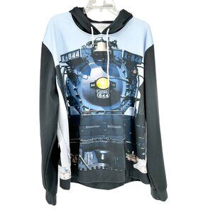 Union Pacific 844 Train Print Hoodie Sweatshirt L Polyester Spandex Black Blue